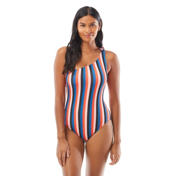 Kate Spade Swimsuit One Piece Bathing Suit Veritcal Stripes One Shoulder Large - Picture 1 of 10